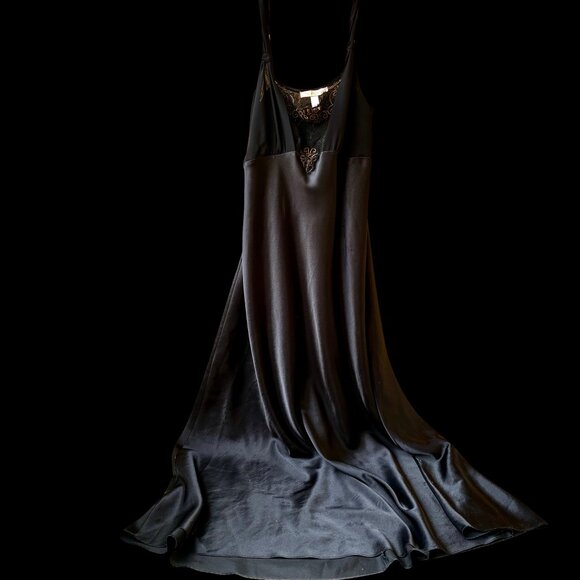 Flora Nikrooz Black Long Nightgown Gown Lace Adjust Strap Sheer Portion Tie sz L - Picture 11 of 16